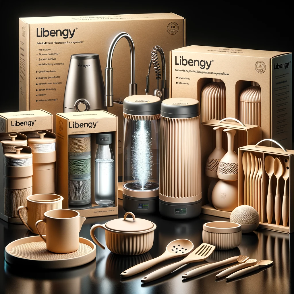 DALL·E 2024-01-28 01.42.15 - Create two additional hyper-realistic photographs of packaging for eco-friendly home and kitchen products, ensuring the brand 'Libengy' is accurately