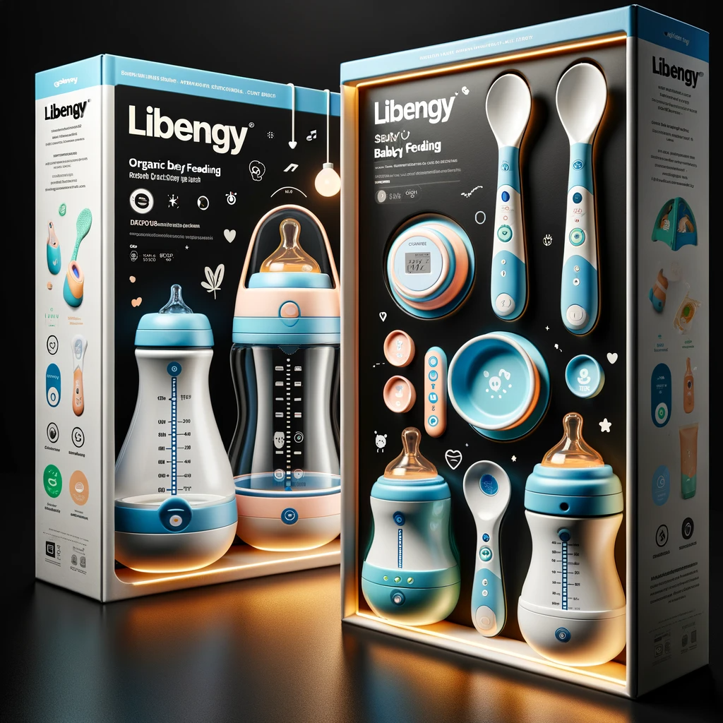 DALL·E 2024-01-28 02.00.18 - Create two additional detailed images of the packaging for baby feeding products, branded 'Libengy'. Include innovative items like a smart baby bottle