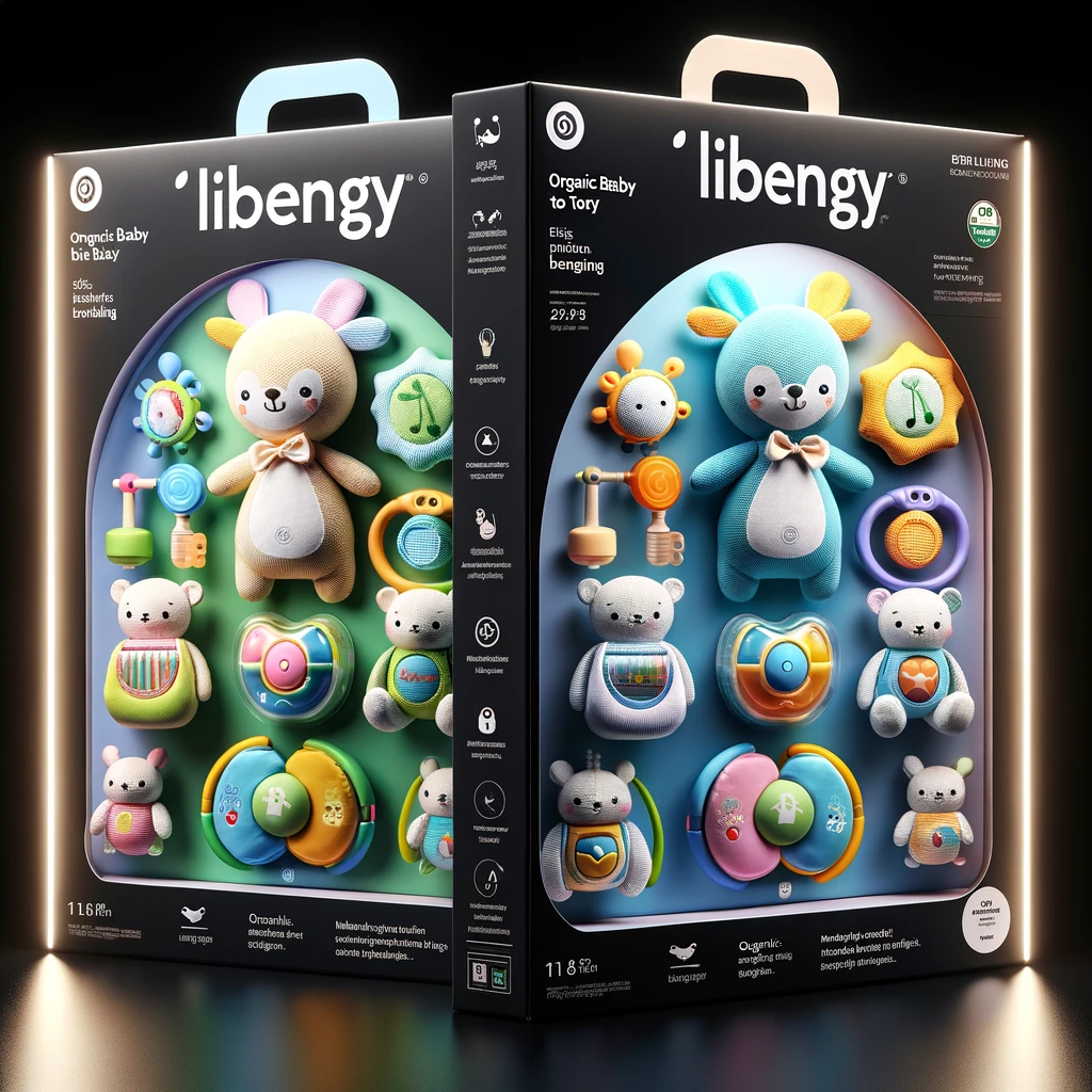 DALL·E 2024-01-28 02.08.23 - Create two more detailed images of baby toy product packaging, branded 'Libengy'. The packaging should include innovative items like musical instrumen