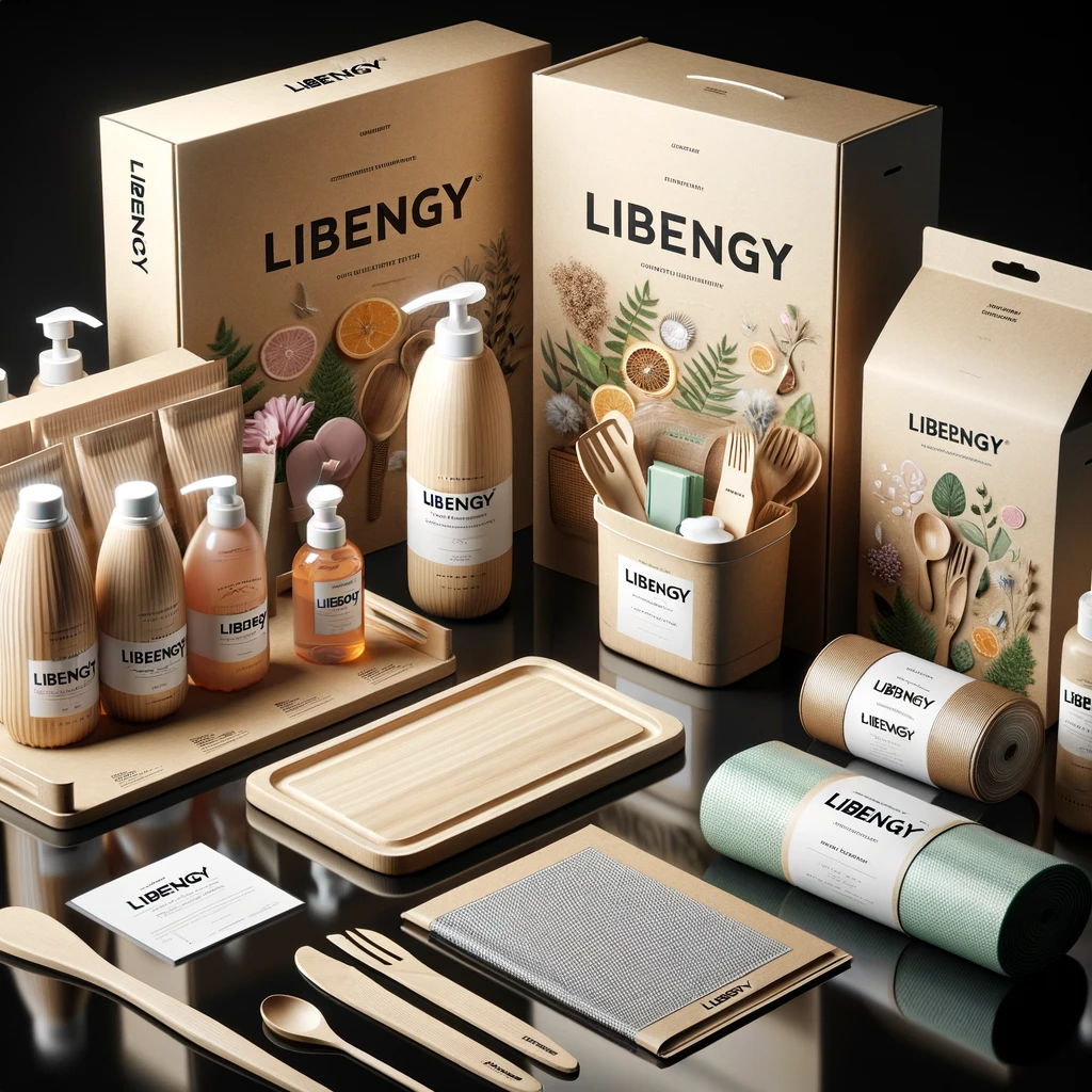 DALL·E 2024-01-29 01.16.44 - Create two additional hyper-realistic photographs of packaging for eco-friendly home and kitchen products, ensuring the 'LIBENGY' brand is subtly and