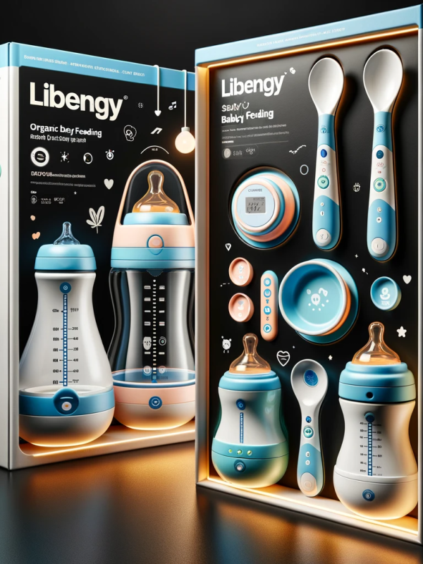 DALL·E 2024-01-28 02.00.18 - Create two additional detailed images of the packaging for baby feeding products, branded 'Libengy'. Include innovative items like a smart baby bottle