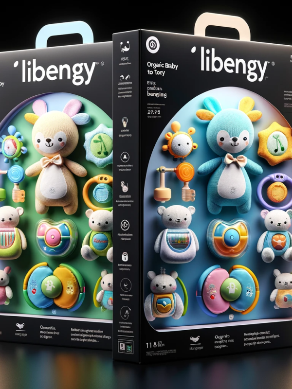 DALL·E 2024-01-28 02.08.23 - Create two more detailed images of baby toy product packaging, branded 'Libengy'. The packaging should include innovative items like musical instrumen